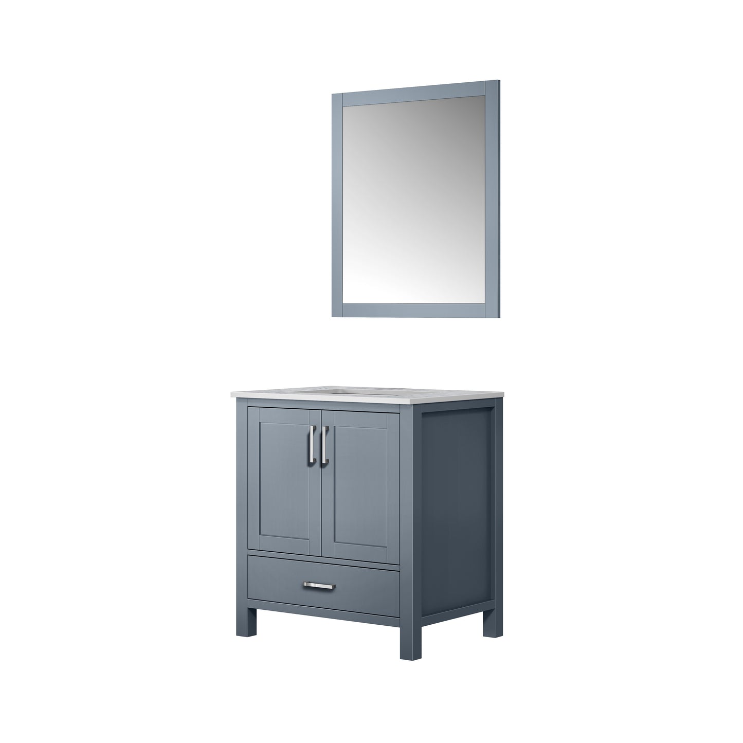 Jacques 30" Dark Grey Single Vanity, White Carrara Marble Top, White Square Sink and 28" Mirror