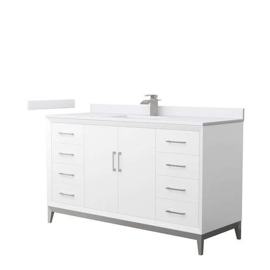Amici 60 Inch Single Bathroom Vanity in White, White Cultured Marble Countertop, Undermount Square Sink, Brushed Nickel Trim