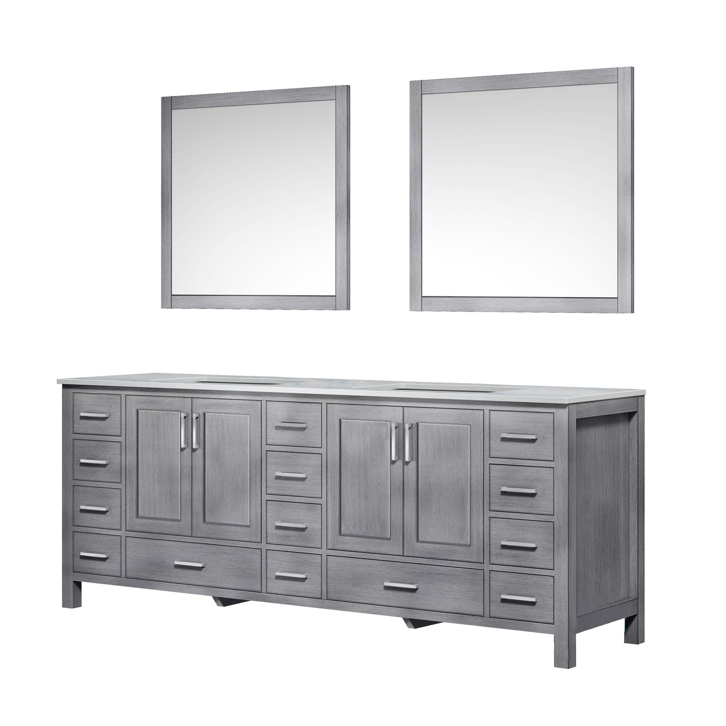 Jacques 84" Distressed Grey Double Vanity, White Carrara Marble Top, White Square Sinks and 34" Mirrors