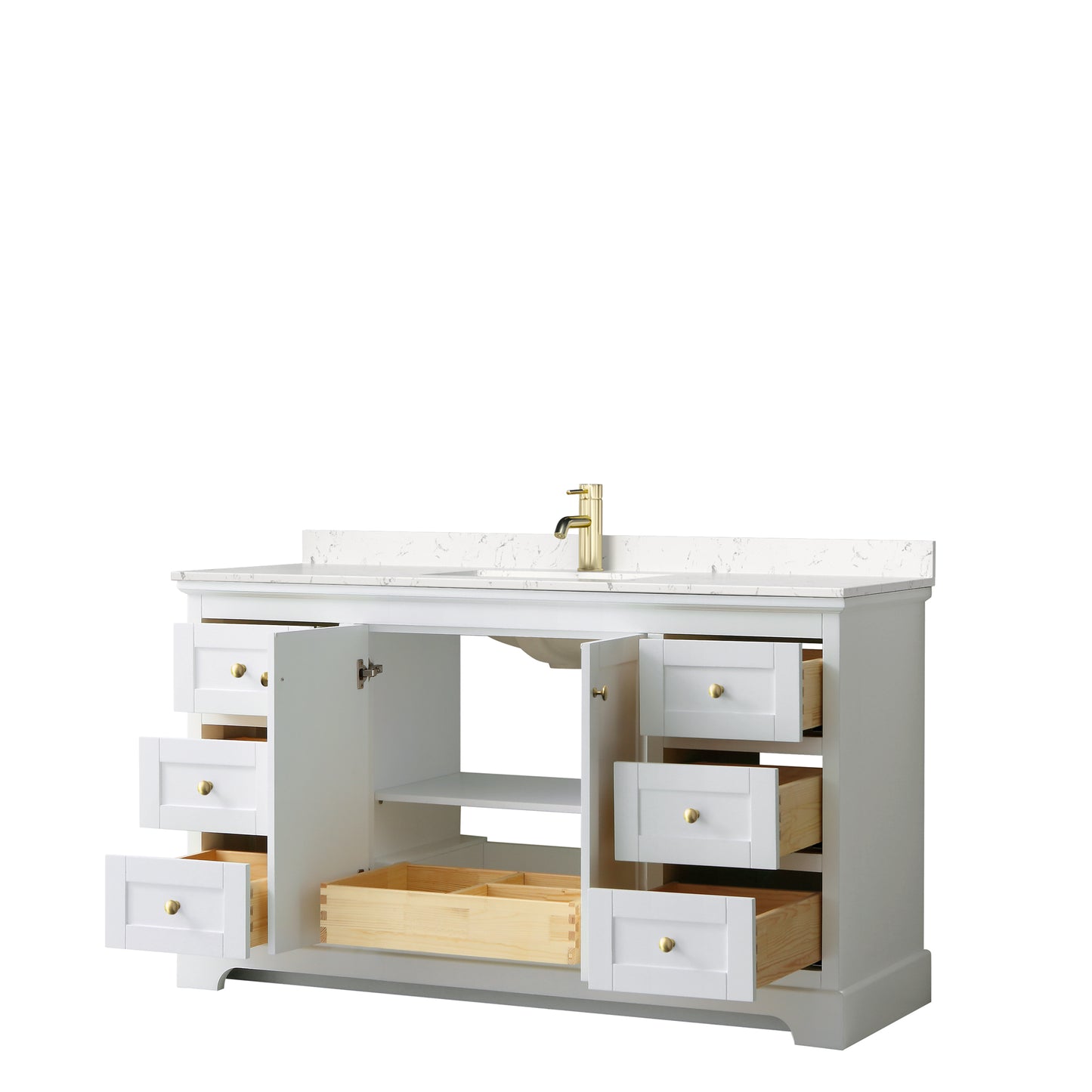 Avery 60 Inch Single Bathroom Vanity in White, Carrara Cultured Marble Countertop, Undermount Square Sink, Brushed Gold Trim