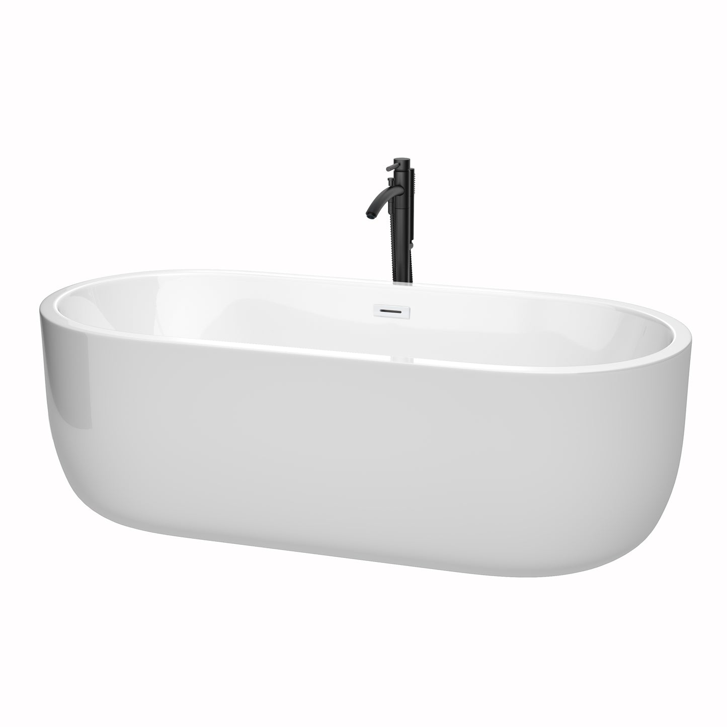 Juliette 71 Inch Freestanding Bathtub in White with Shiny White Trim and Floor Mounted Faucet in Matte Black