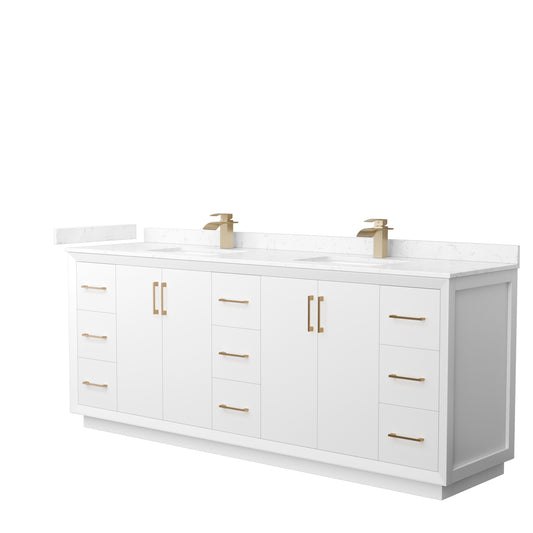 Strada 84 Inch Double Bathroom Vanity in White, Carrara Cultured Marble Countertop, Undermount Square Sink, Satin Bronze Trim