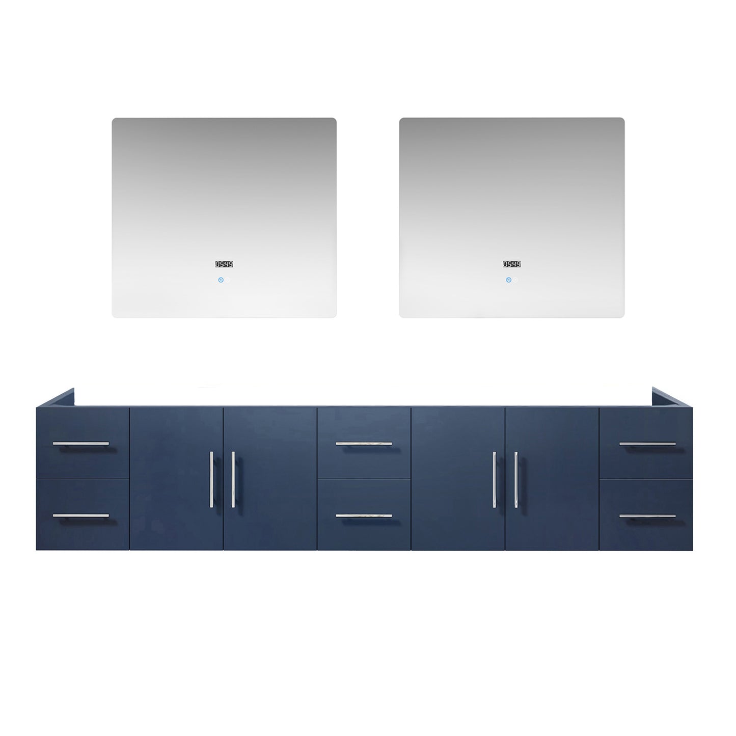 Geneva 84" Navy Blue Double Vanity, no Top and 36" LED Mirrors
