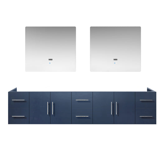 Geneva 84" Navy Blue Double Vanity, no Top and 36" LED Mirrors