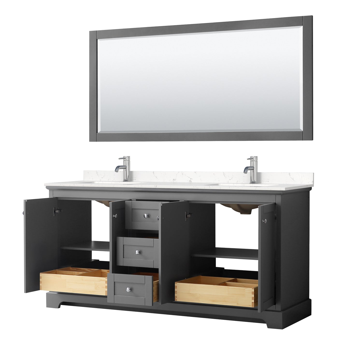 Avery 72 Inch Double Bathroom Vanity in Dark Gray, Carrara Cultured Marble Countertop, Undermount Square Sinks, No Mirror