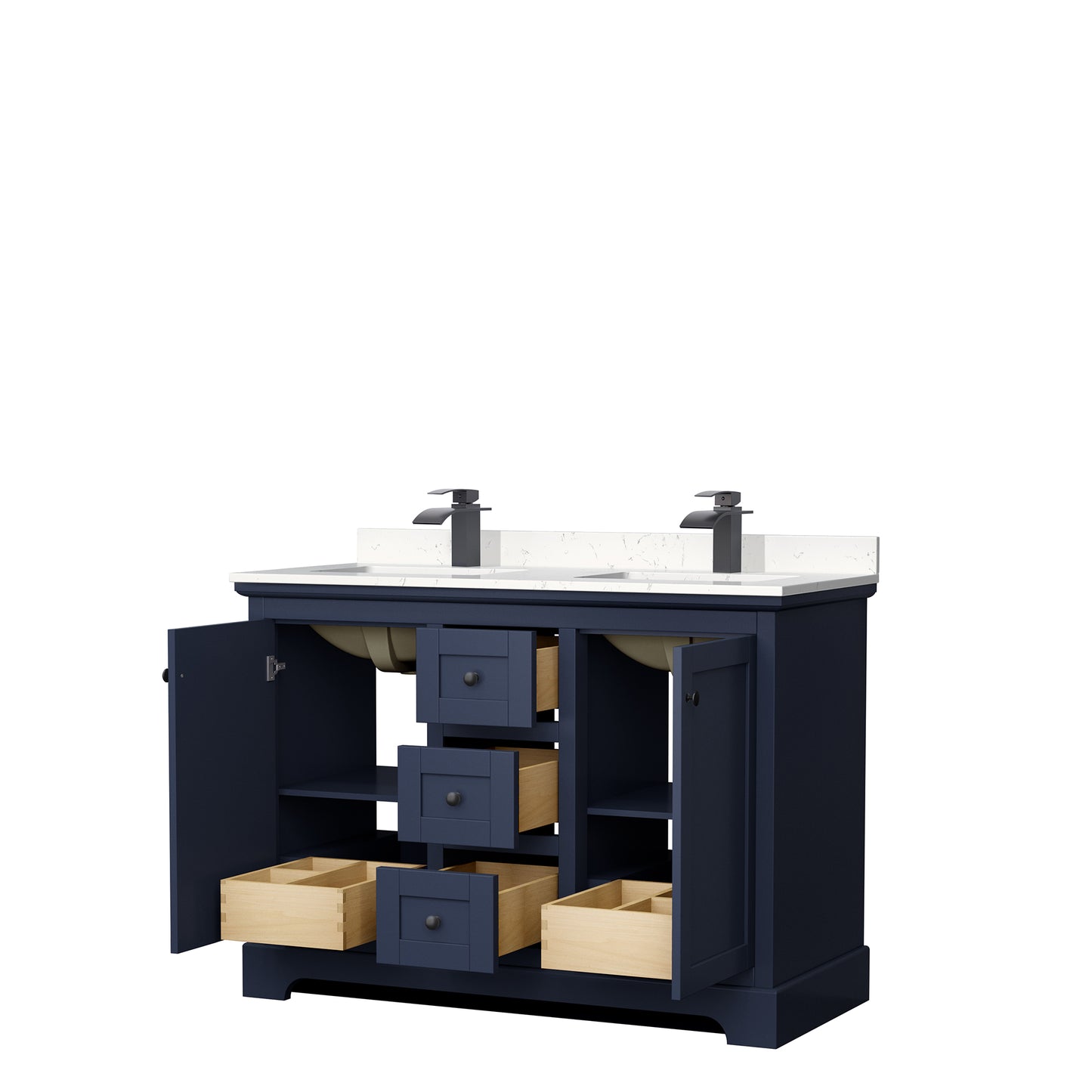 Avery 48 Inch Double Bathroom Vanity in Dark Blue, Carrara Cultured Marble Countertop, Undermount Square Sinks, Matte Black Trim