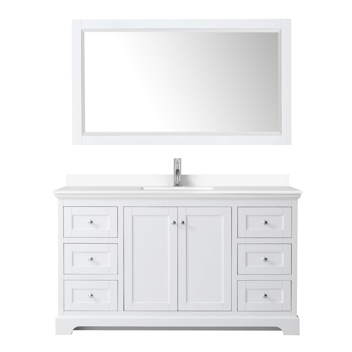 Avery 60 Inch Single Bathroom Vanity in White, White Cultured Marble Countertop, Undermount Square Sink, 58 Inch Mirror