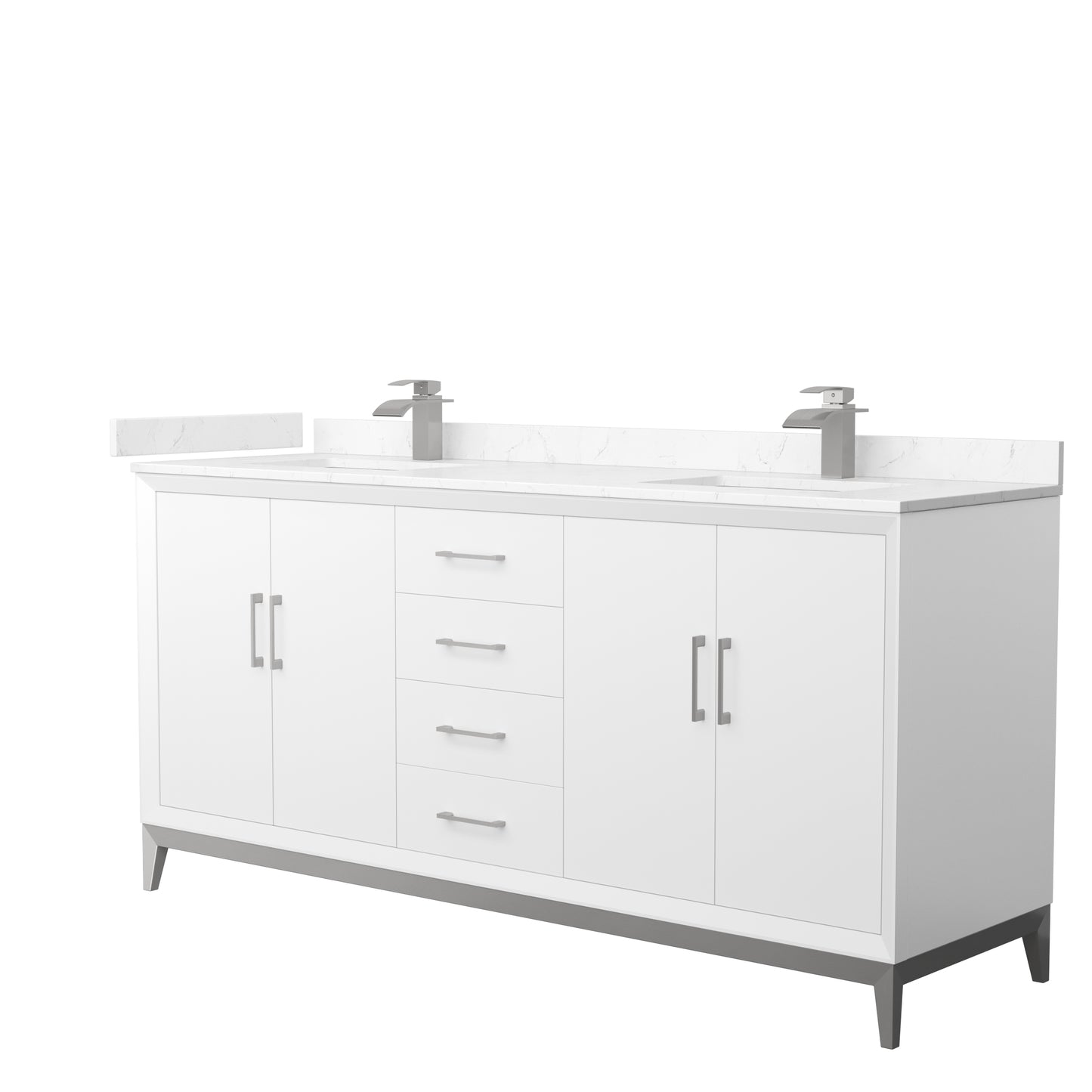 Amici 72 Inch Double Bathroom Vanity in White, Carrara Cultured Marble Countertop, Undermount Square Sinks, Brushed Nickel Trim