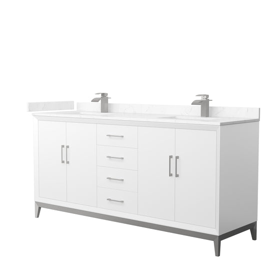 Amici 72 Inch Double Bathroom Vanity in White, Carrara Cultured Marble Countertop, Undermount Square Sinks, Brushed Nickel Trim