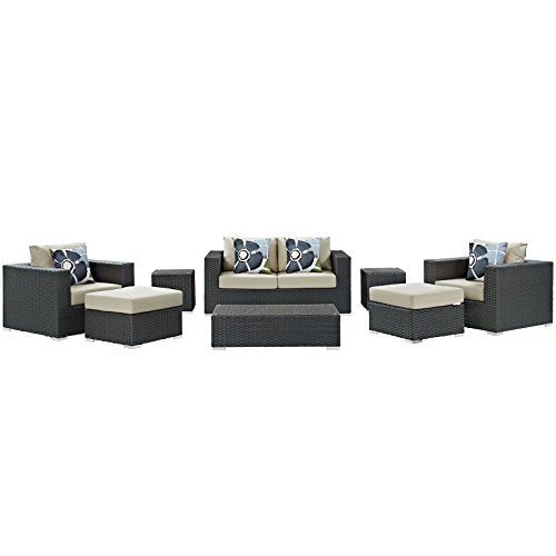 Modway Sojourn Casual Seating 10 Piece Outdoor Patio Rattan Sectional Set with Sunbrella Brand Tuscan Orange Canvas Cushions
