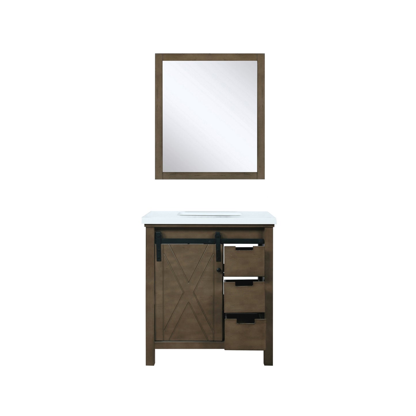 Marsyas 30" Rustic Brown Single Vanity, White Quartz Top, White Square Sink and 28" Mirror