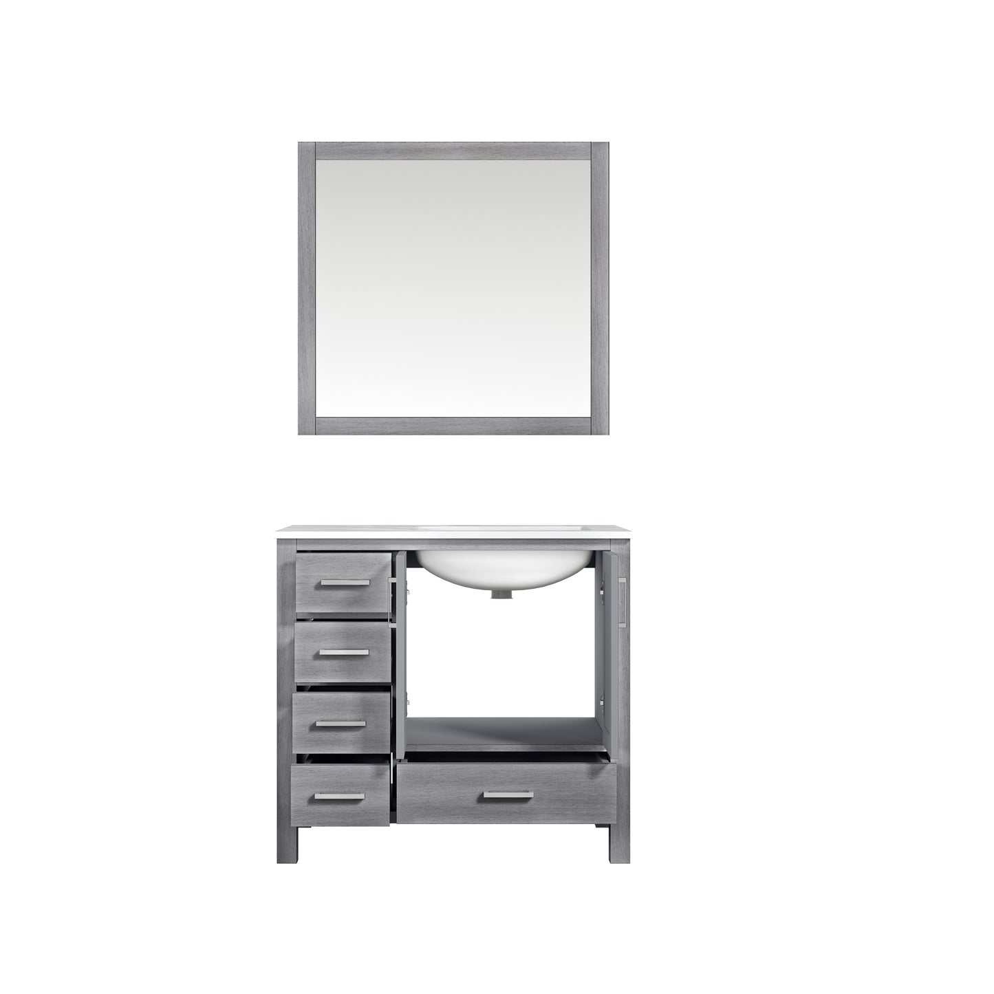Jacques 36" Distressed Grey Single Vanity, White Carrara Marble Top, White Square Sink and 34" Mirror - Right Version