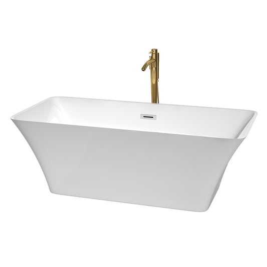 Tiffany 67 Inch Freestanding Bathtub in White with Polished Chrome Trim and Floor Mounted Faucet in Brushed Gold