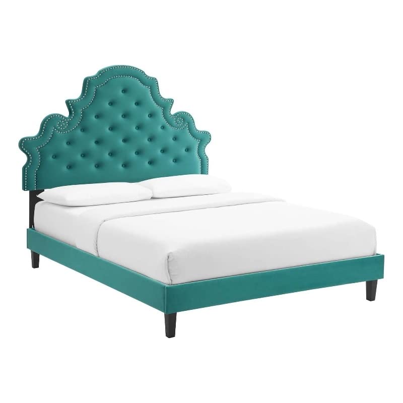 Modway Gwyneth Tufted Performance Velvet Queen Platform Bed in Teal with Black Wood Legs