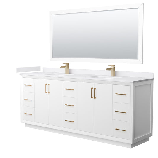 Strada 84 Inch Double Bathroom Vanity in White, White Cultured Marble Countertop, Undermount Square Sink, Satin Bronze Trim, 70 Inch Mirror