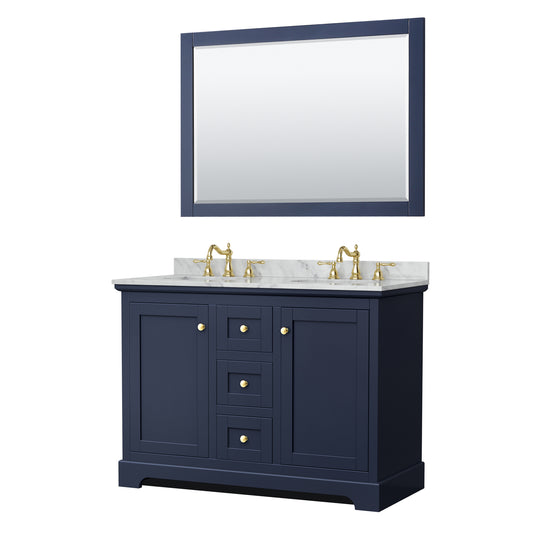 Avery 48 Inch Double Bathroom Vanity in Dark Blue, White Carrara Marble Countertop, Undermount Oval Sinks, 46 Inch Mirror
