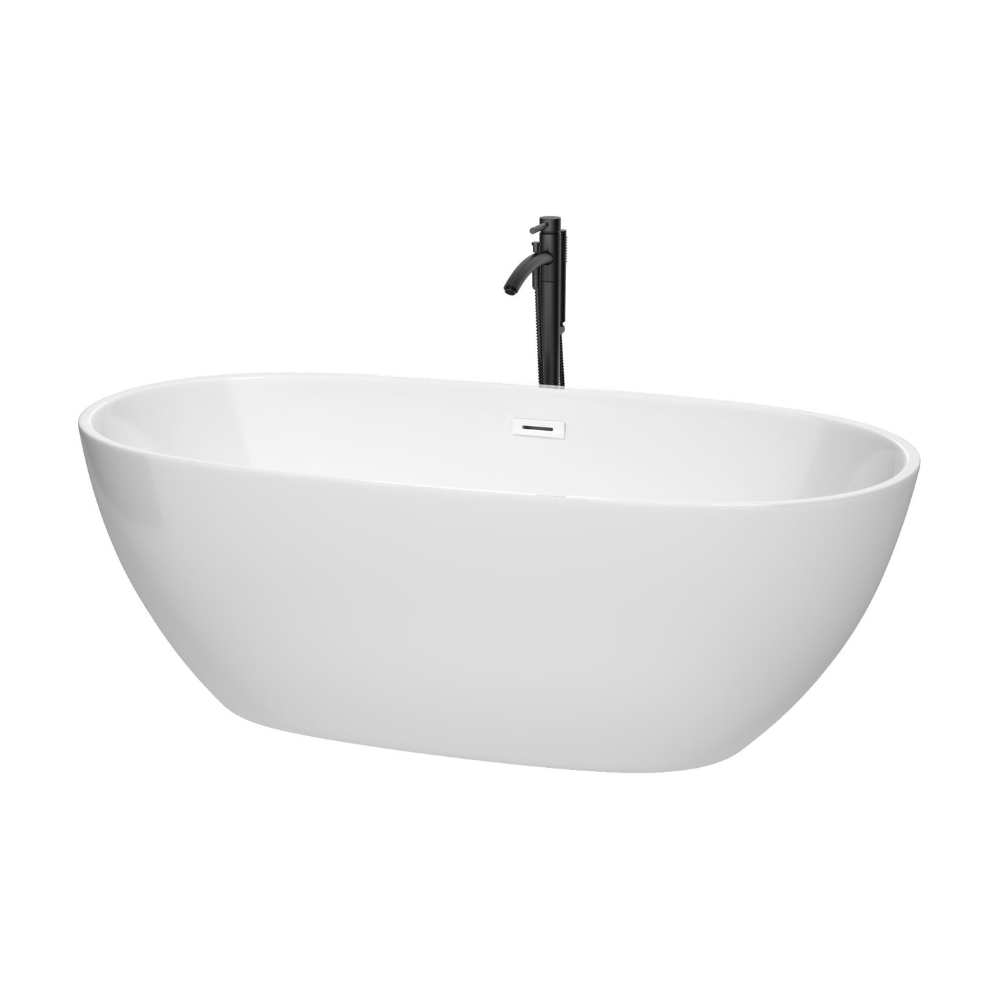 Juno 67 Inch Freestanding Bathtub in White with Shiny White Trim and Floor Mounted Faucet in Matte Black