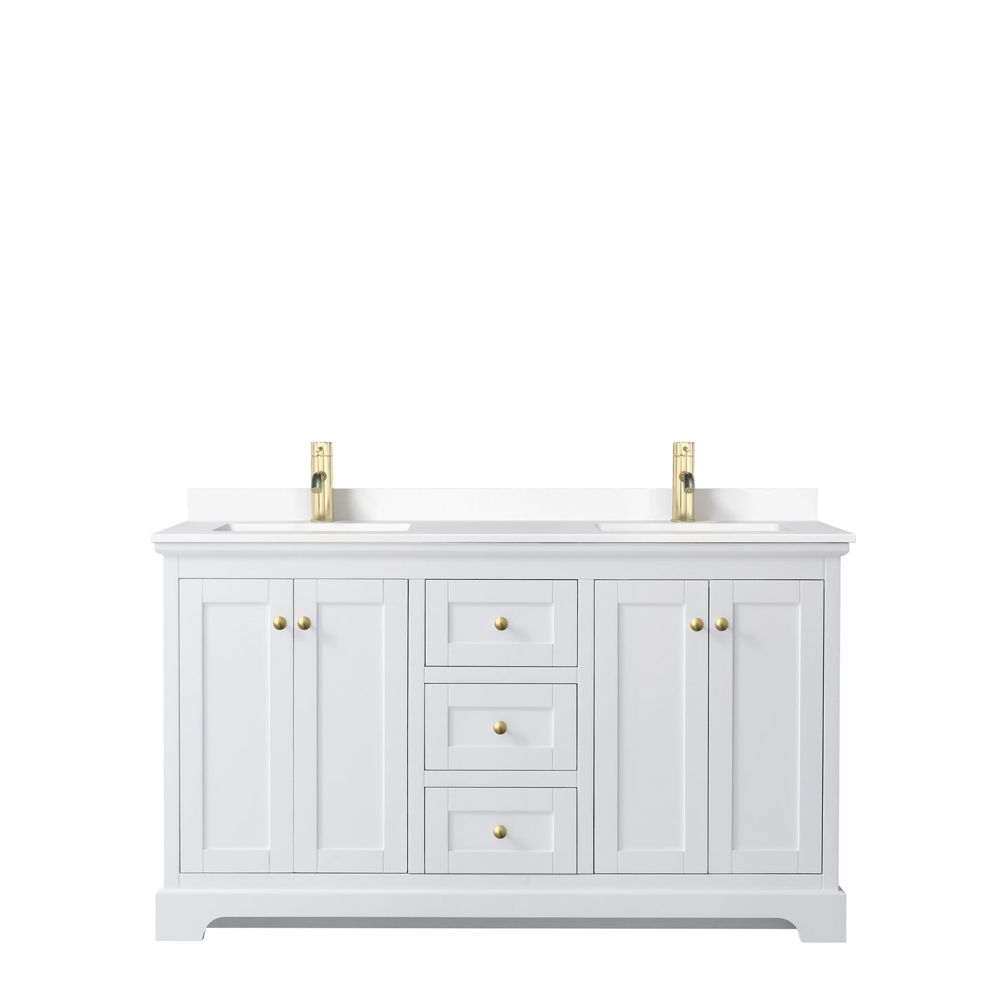 Avery 60 Inch Double Bathroom Vanity in White, White Cultured Marble Countertop, Undermount Square Sinks, Brushed Gold Trim