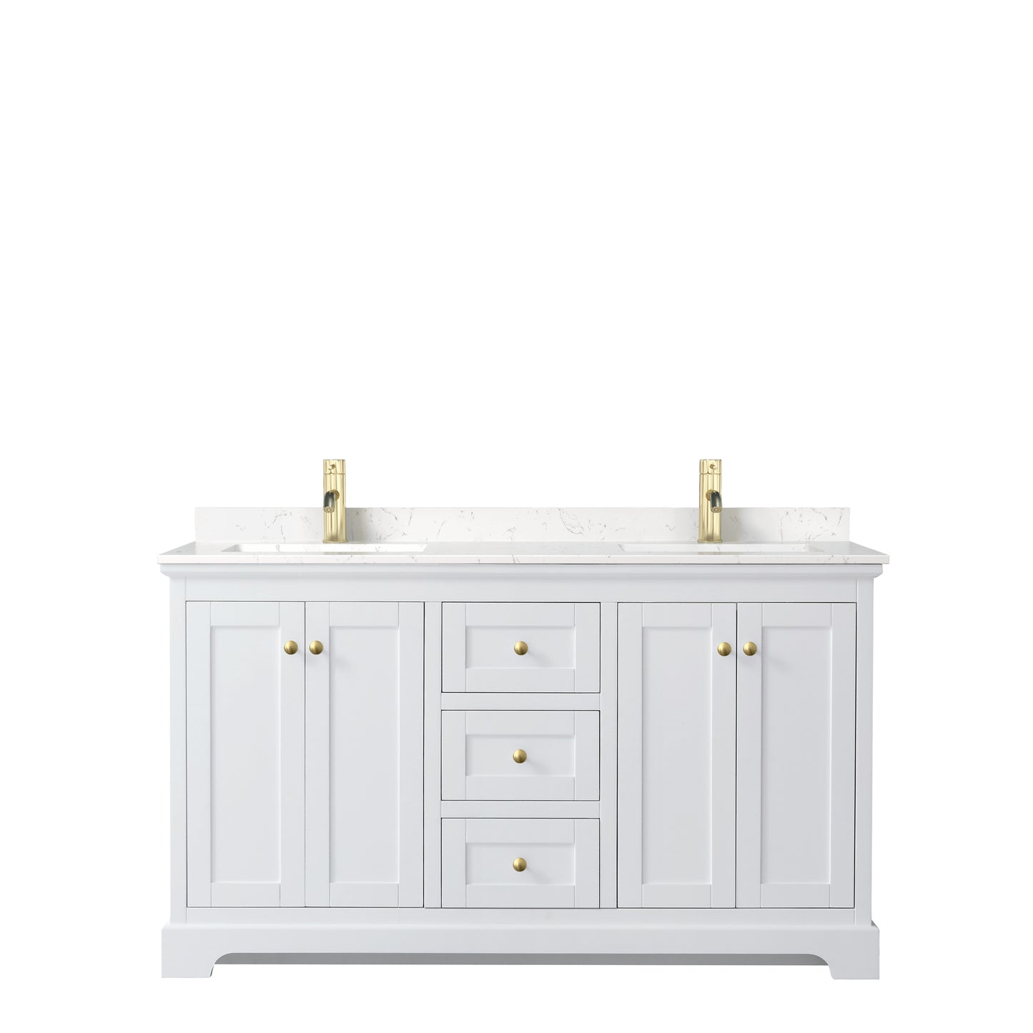 Avery 60 Inch Double Bathroom Vanity in White, Carrara Cultured Marble Countertop, Undermount Square Sinks, Brushed Gold Trim