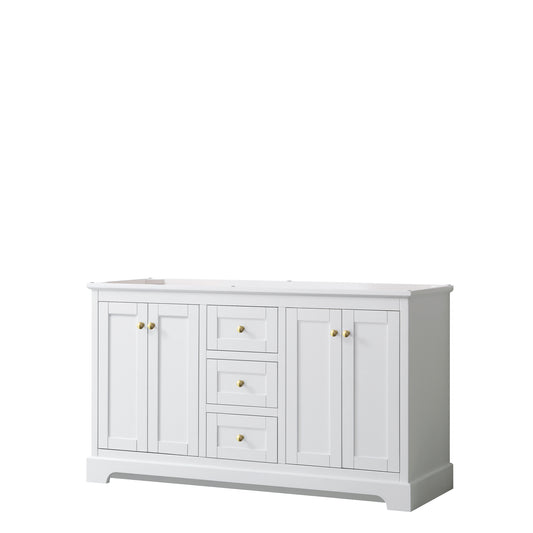 Avery 60 Inch Double Bathroom Vanity in White, No Countertop, No Sinks, Brushed Gold Trim