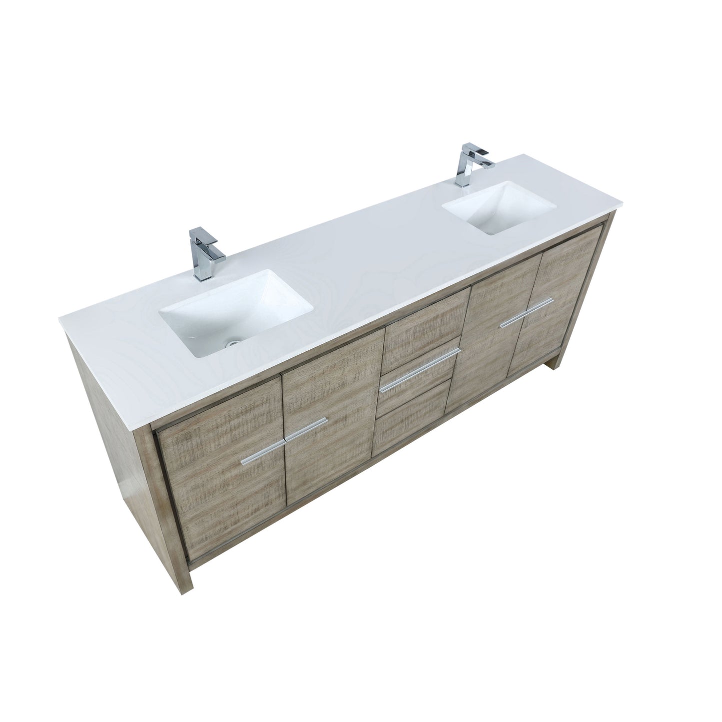 Lafarre 80" Rustic Acacia Double Bathroom Vanity, White Quartz Top, White Square Sinks, and Monte Chrome Faucet Set