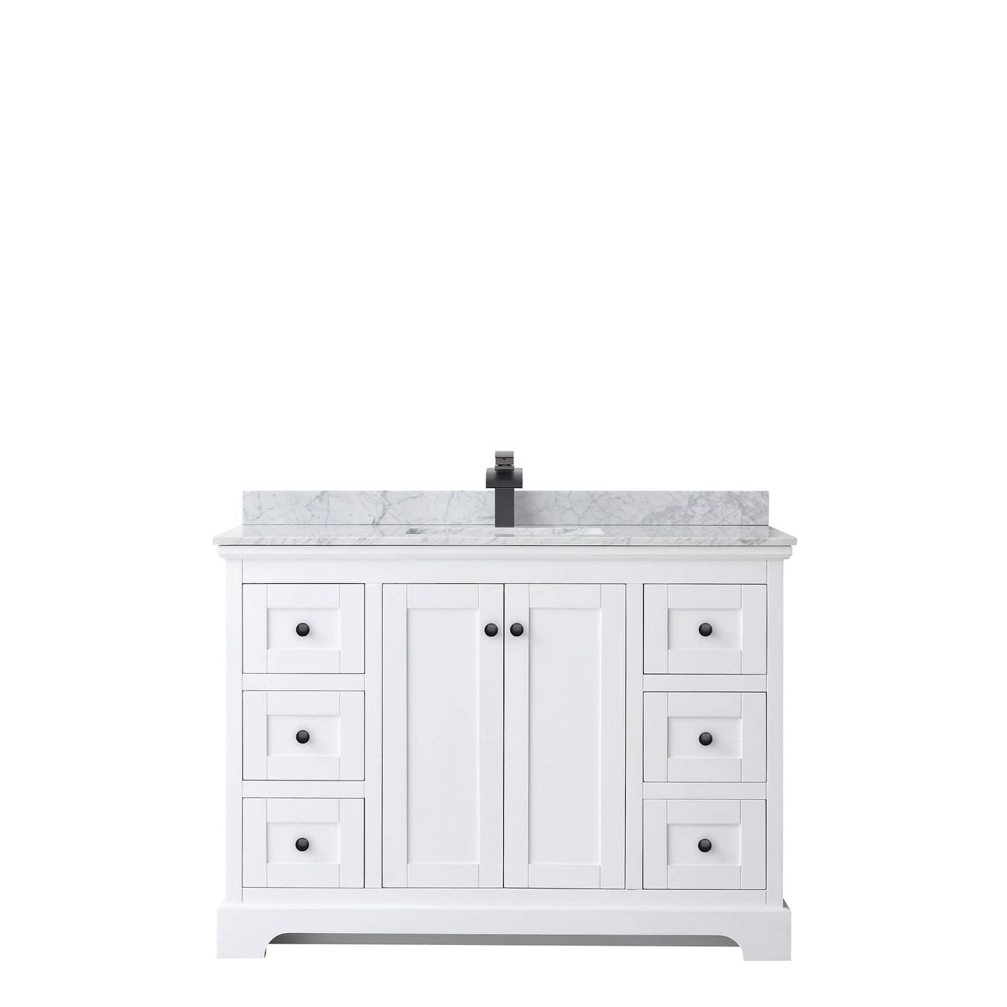 Avery 48 Inch Single Bathroom Vanity in White, White Carrara Marble Countertop, Undermount Square Sink, Matte Black Trim
