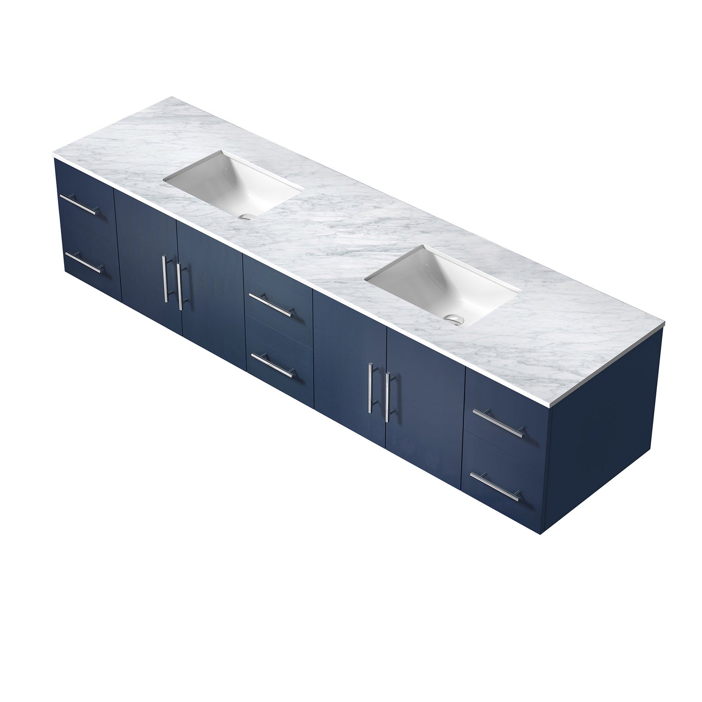 Geneva 84" Navy Blue Double Vanity, White Carrara Marble Top, White Square Sinks and 36" LED Mirrors