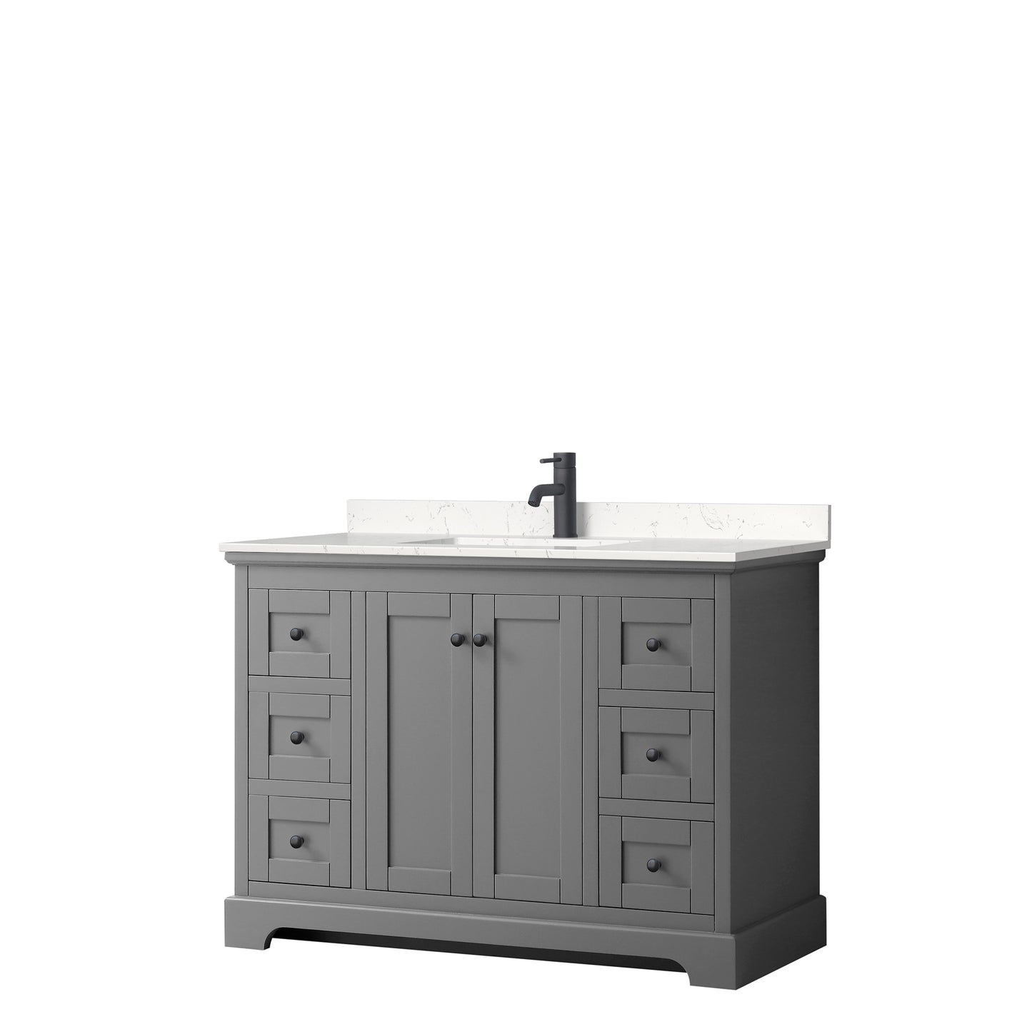 Avery 48 Inch Single Bathroom Vanity in Dark Gray, Carrara Cultured Marble Countertop, Undermount Square Sink, Matte Black Trim