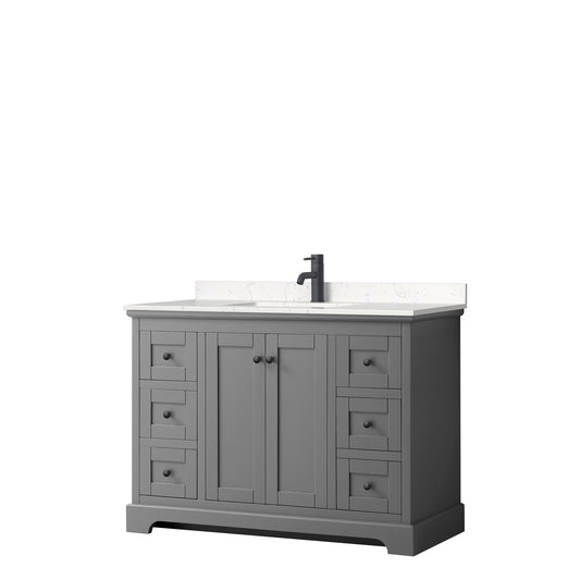 Avery 48 Inch Single Bathroom Vanity in Dark Gray, Carrara Cultured Marble Countertop, Undermount Square Sink, Matte Black Trim