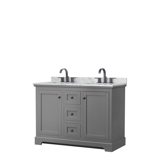 Avery 48 Inch Double Bathroom Vanity in Dark Gray, White Carrara Marble Countertop, Undermount Oval Sinks, Matte Black Trim