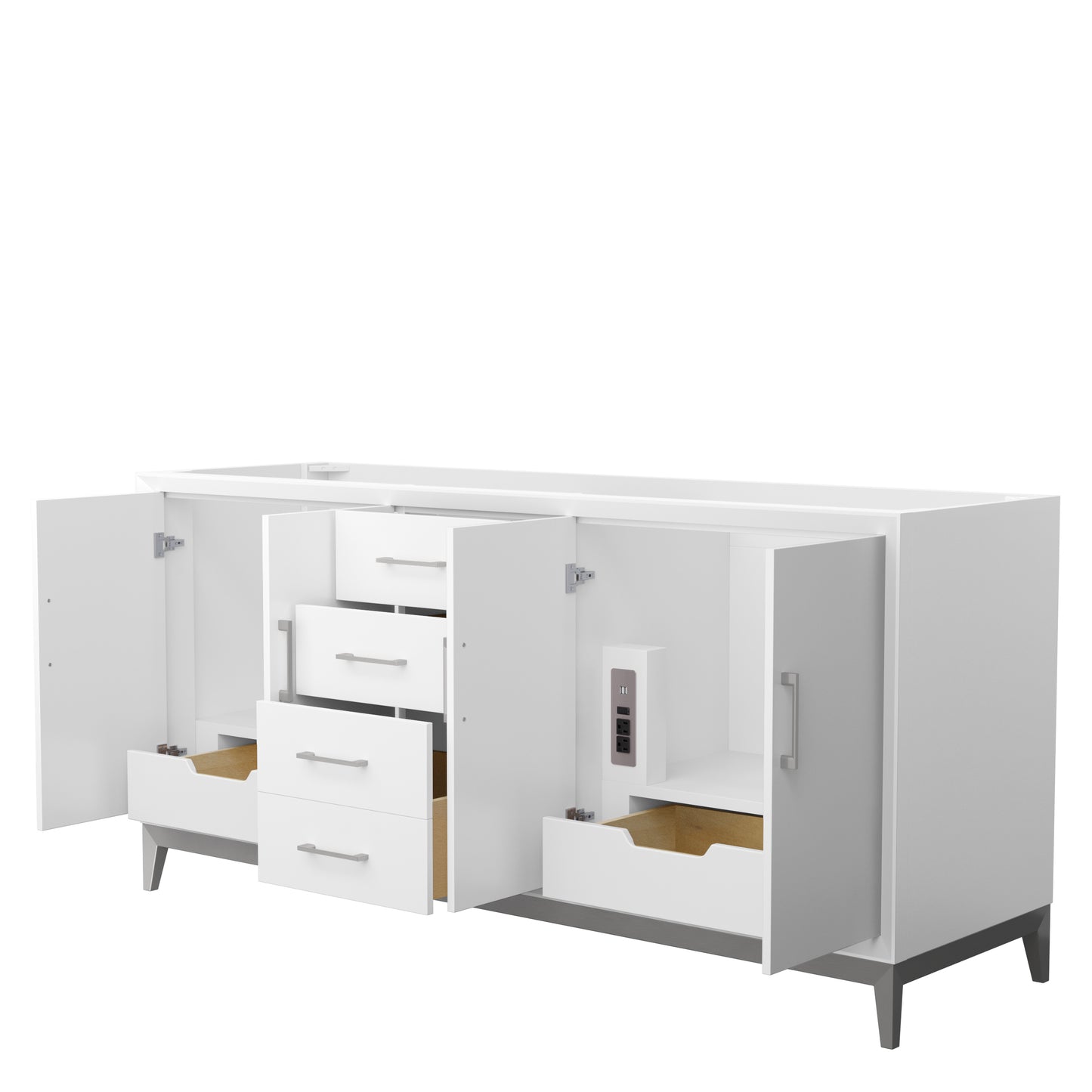Amici 72 Inch Double Bathroom Vanity in White, No Countertop, No Sink, Brushed Nickel Trim