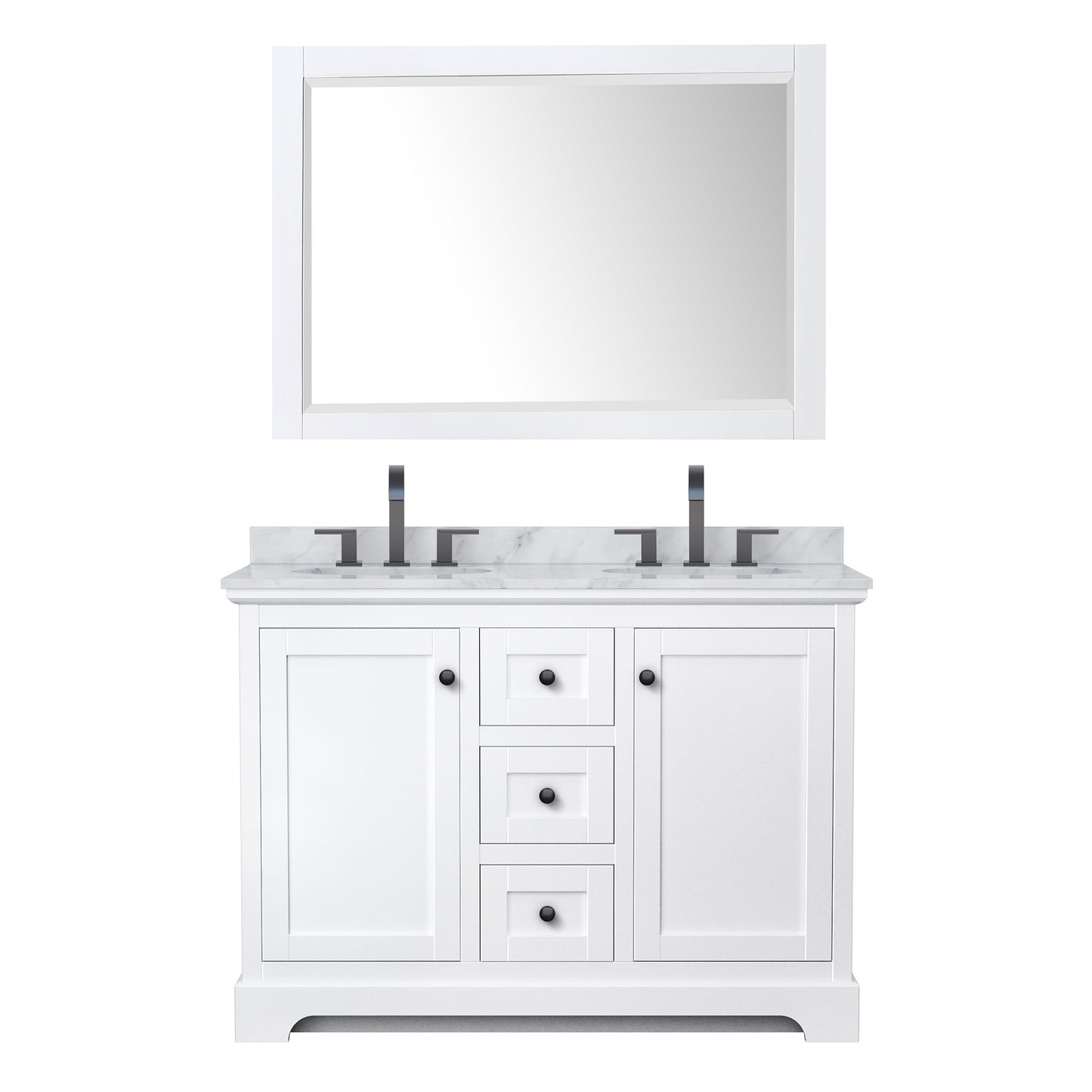 Avery 48 Inch Double Bathroom Vanity in White, White Carrara Marble Countertop, Undermount Oval Sinks, Matte Black Trim, 46 Inch Mirror