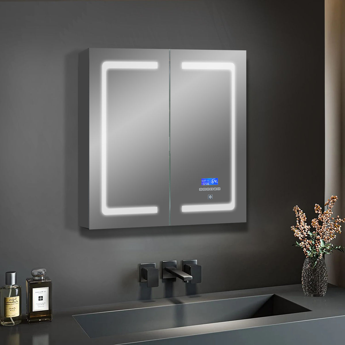 Lexora Bracciano 24 in. W x 28 in. H Surface-Mount LED Mirror Medicine Cabinet with Defogger