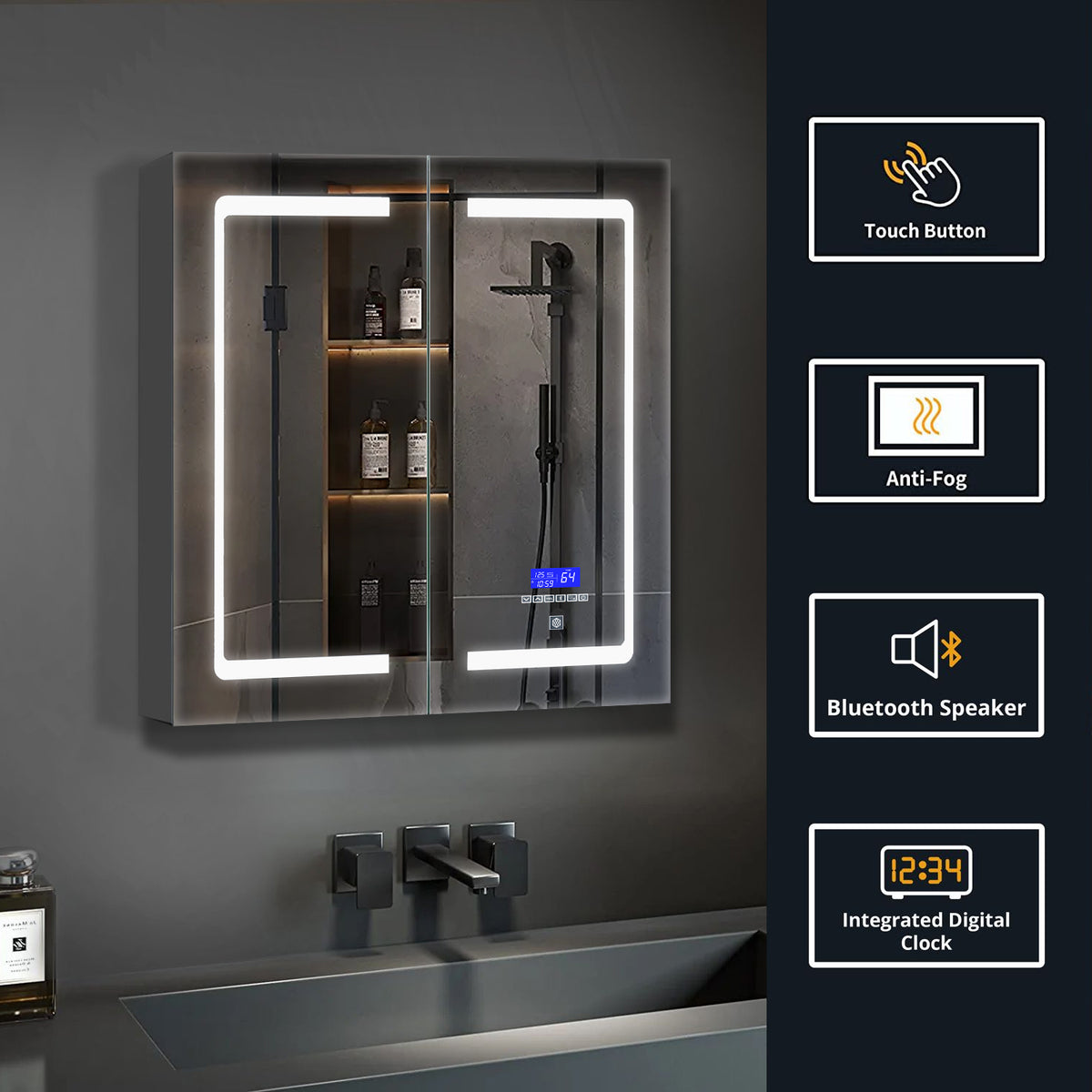 Lexora Bracciano 24 in. W x 28 in. H Surface-Mount LED Mirror Medicine Cabinet with Defogger