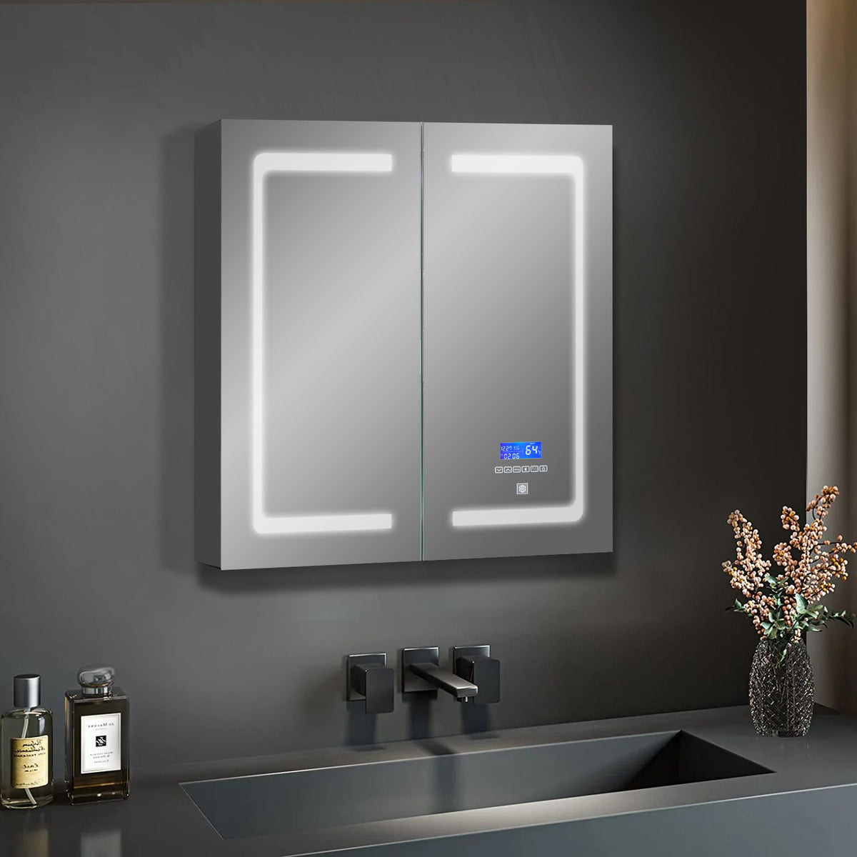 Lexora Bracciano 24 in. W x 30 in. H Surface-Mount LED Mirror Medicine Cabinet with Defogger