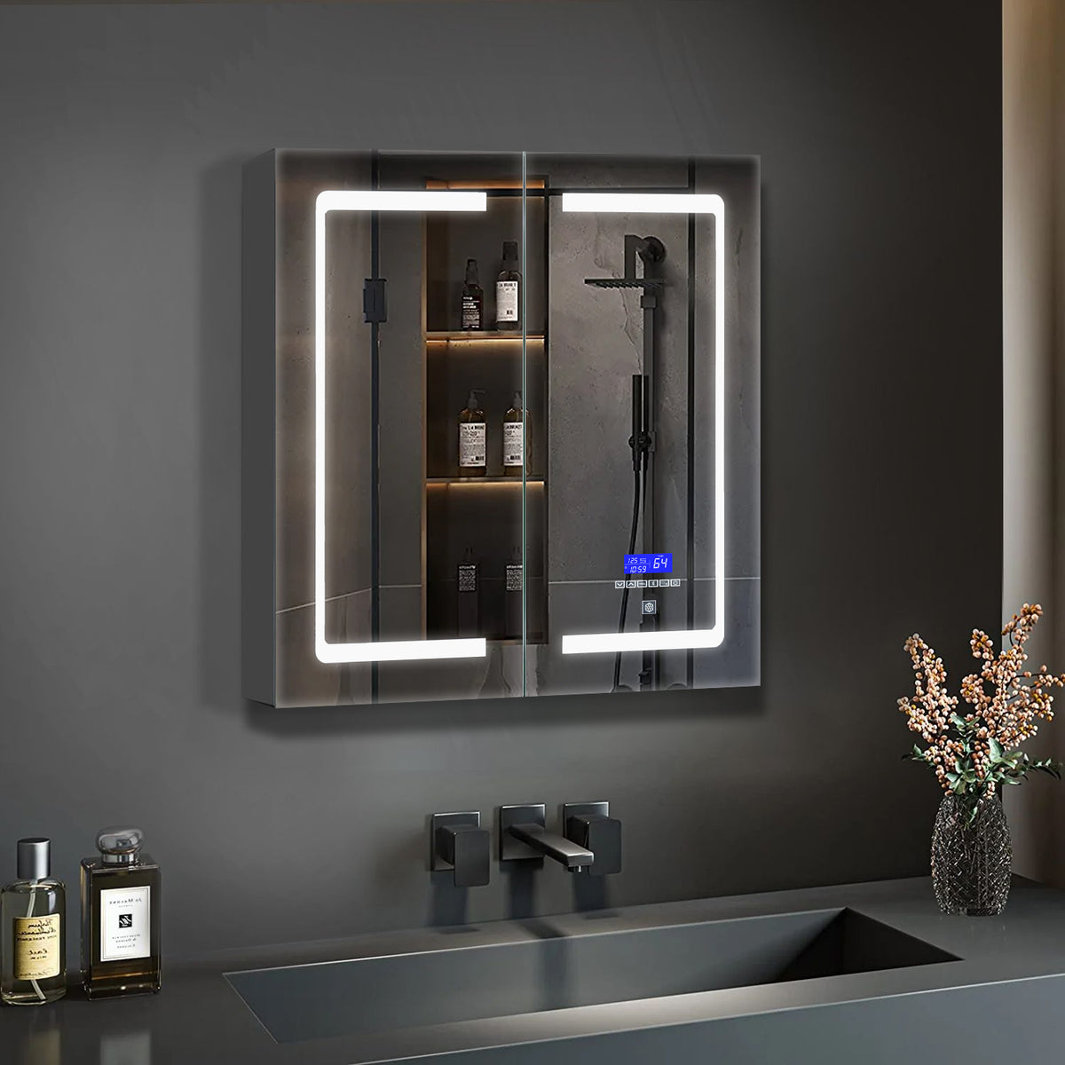 Lexora Bracciano 24 in. W x 30 in. H Surface-Mount LED Mirror Medicine Cabinet with Defogger