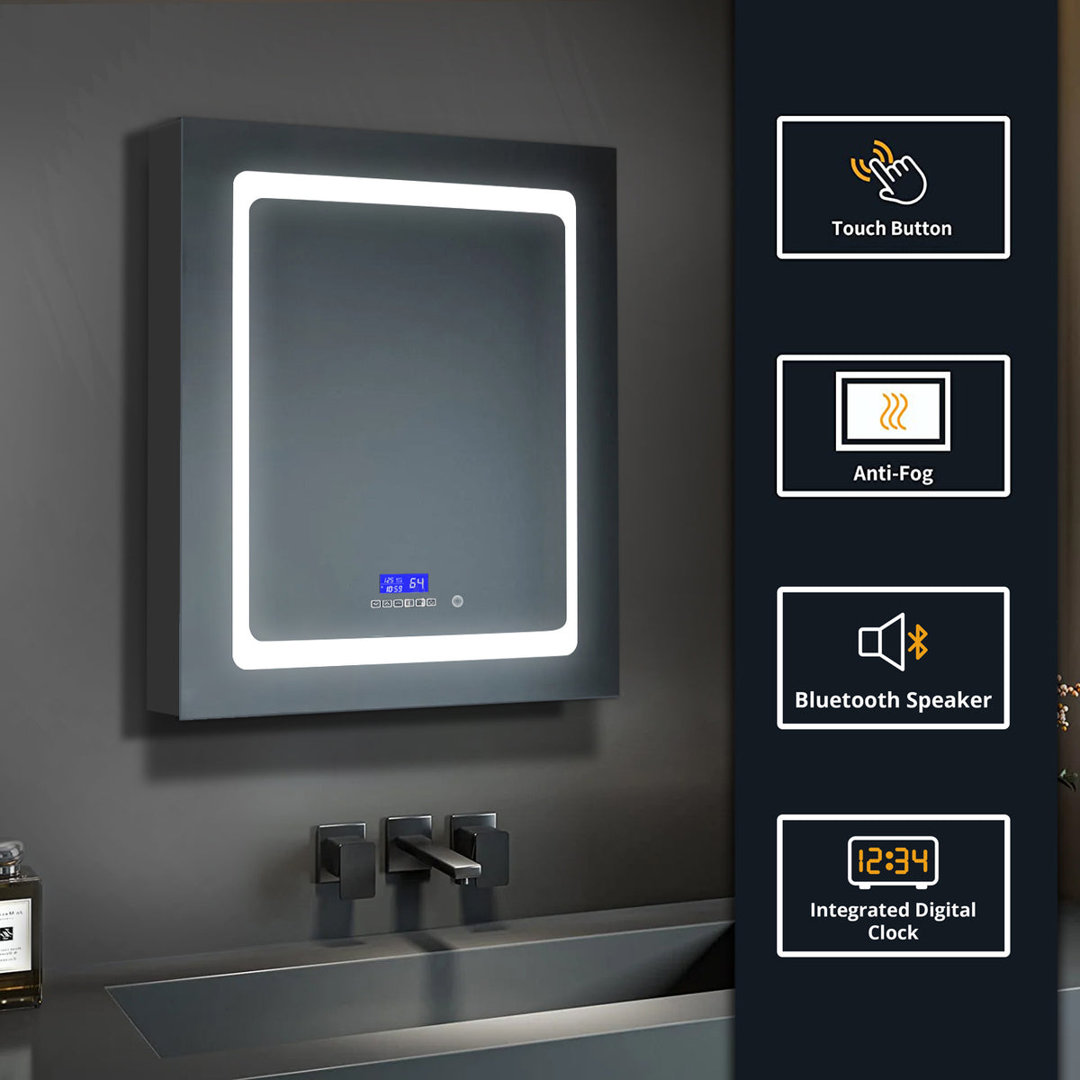 Lexora Bracciano 24 in. W x 36 in. H Surface-Mount LED Mirror Medicine Cabinet with Defogger