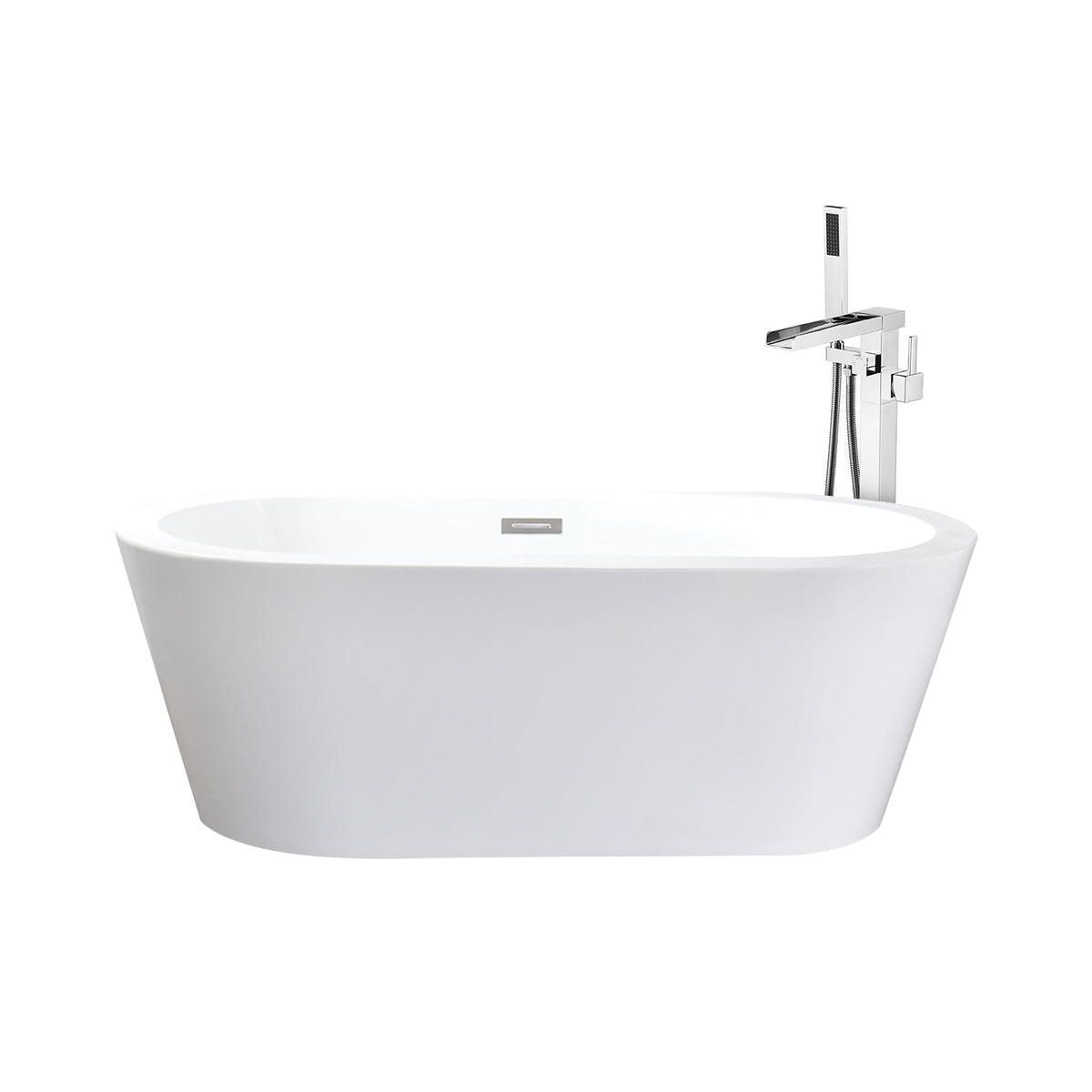 Lexora Lure 59 in White Freestanding Acrylic Flatbottom Soaking Bathtub with Chrome Hardware and Cascata Tub Filler