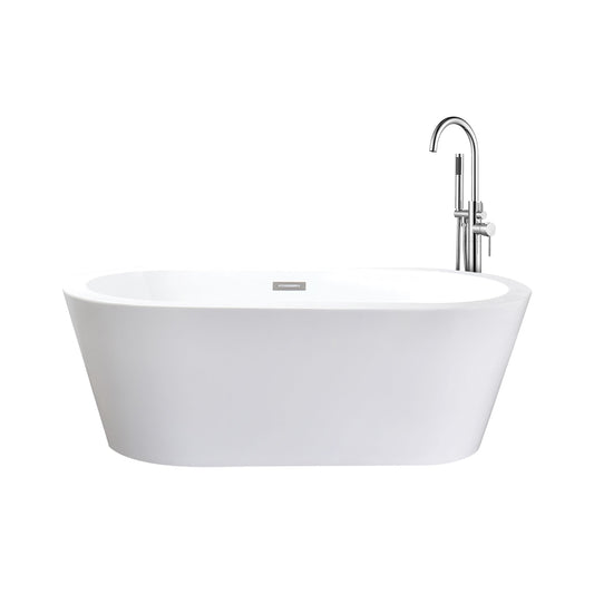 Lexora Lure 59 in White Freestanding Acrylic Flatbottom Soaking Bathtub with Chrome Hardware and Lago Tub Filler