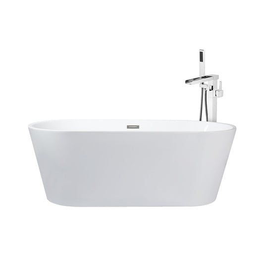 Lexora Melina 63 in White Freestanding Acrylic Flatbottom Soaking Bathtub with Chrome Hardware and Cascata Tub Filler