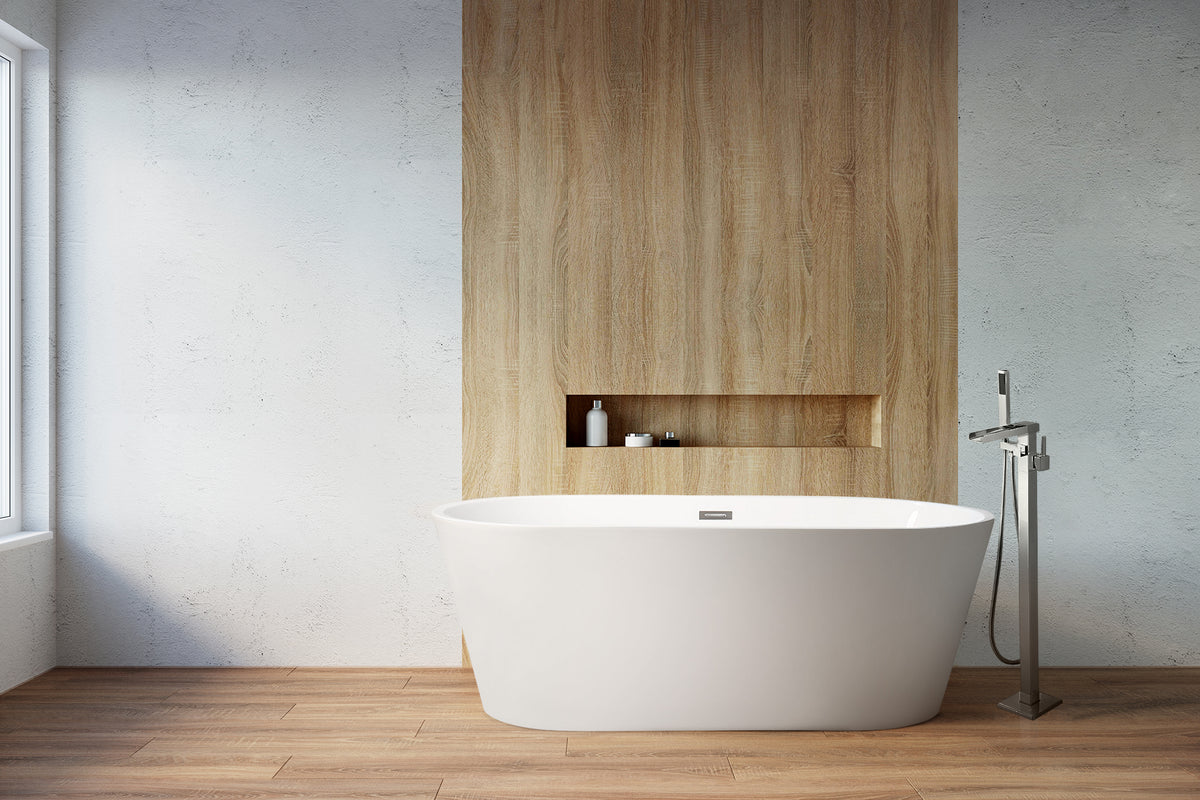 Lexora Melina 59 in White Freestanding Acrylic Flatbottom Soaking Bathtub with Chrome Hardware