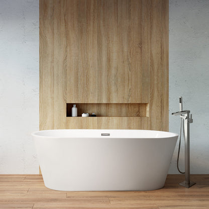 Lexora Melina 59 in White Freestanding Acrylic Flatbottom Soaking Bathtub with Chrome Hardware