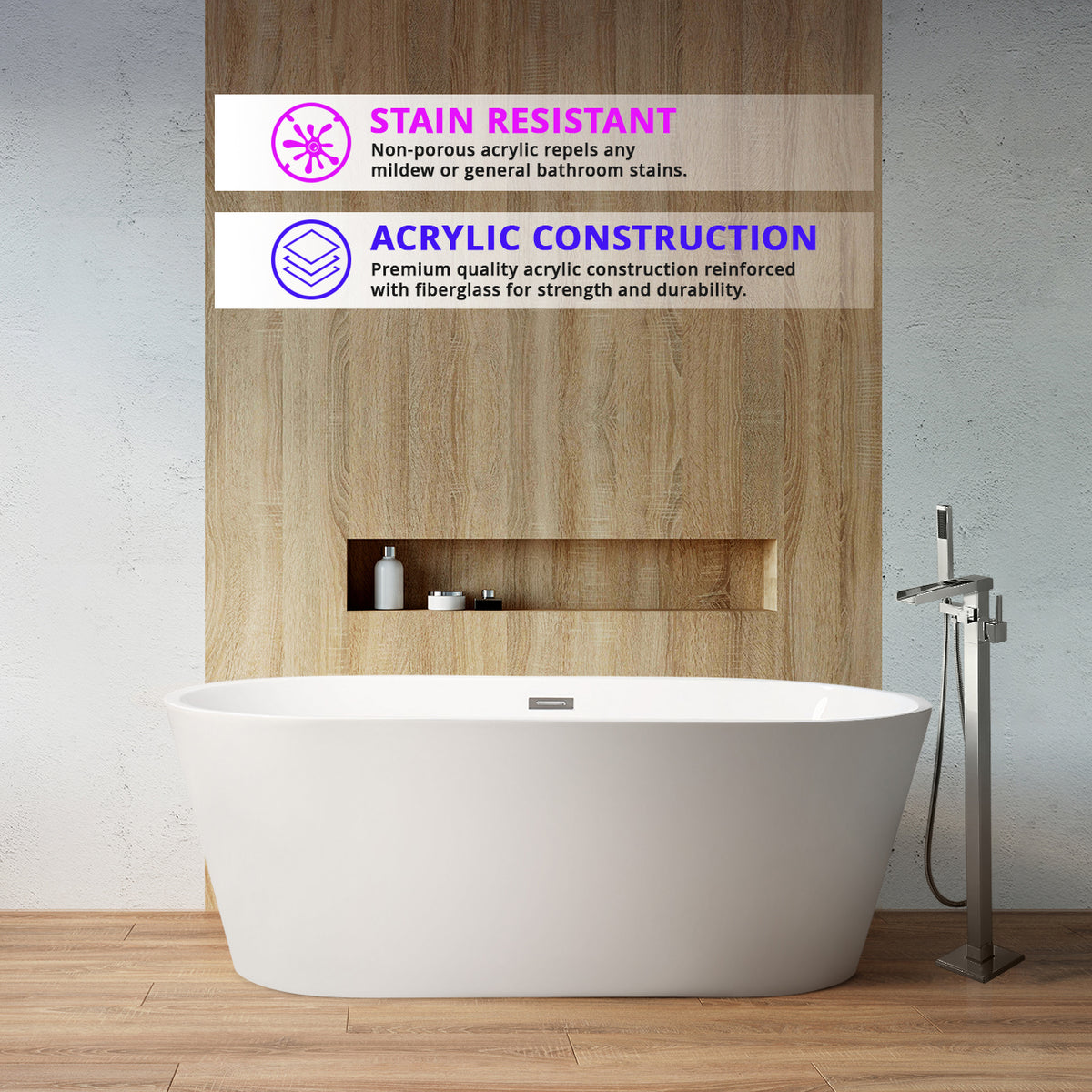 Lexora Melina 63 in White Freestanding Acrylic Flatbottom Soaking Bathtub with Chrome Hardware