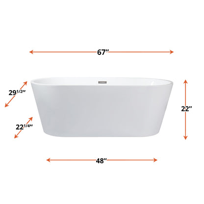 Lexora Melina 67 in White Freestanding Acrylic Flatbottom Soaking Bathtub with Chrome Hardware