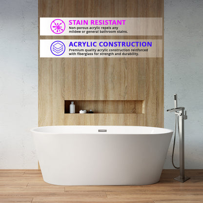 Lexora Melina 67 in White Freestanding Acrylic Flatbottom Soaking Bathtub with Chrome Hardware