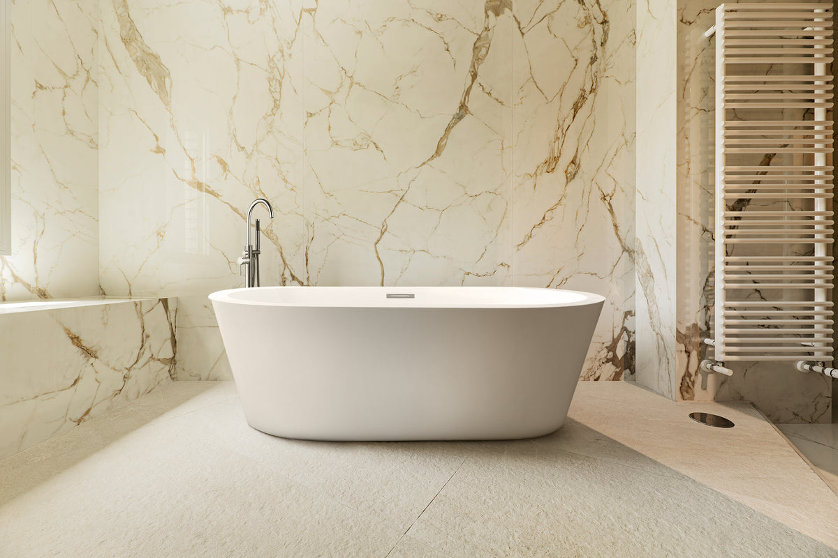 Lexora Lure 59 in White Freestanding Acrylic Flatbottom Soaking Bathtub with Chrome Hardware