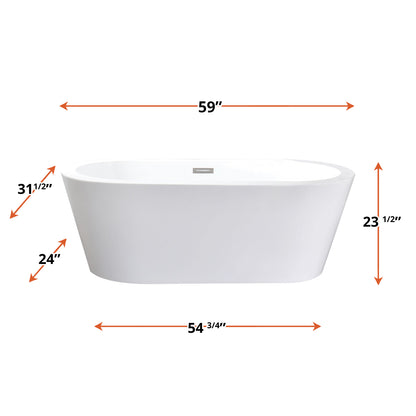 Lexora Lure 59 in White Freestanding Acrylic Flatbottom Soaking Bathtub with Chrome Hardware