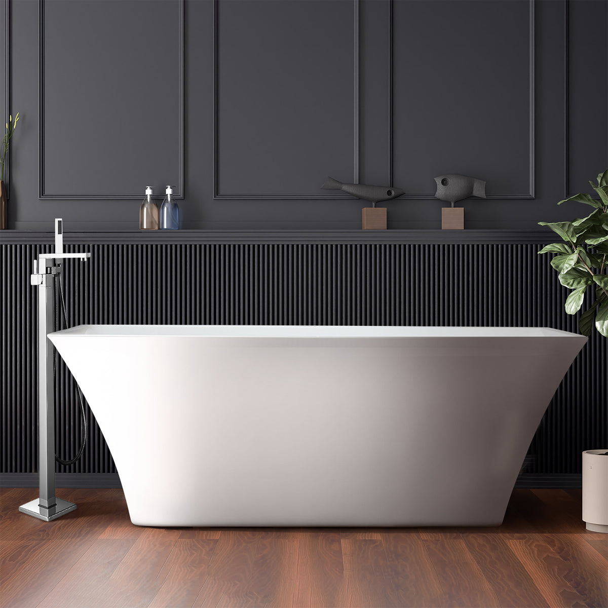 Lexora Vinter 59 in White Freestanding Acrylic Flatbottom Soaking Bathtub with Chrome Hardware