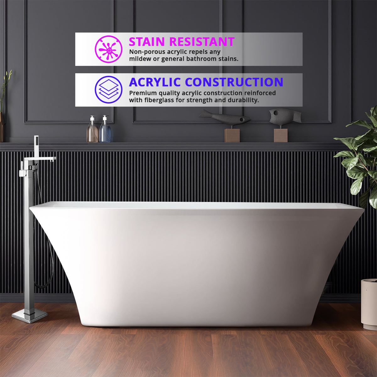 Lexora Vinter 67 in White Freestanding Acrylic Flatbottom Soaking Bathtub with Chrome Hardware