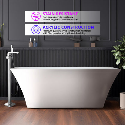 Lexora Vinter 67 in White Freestanding Acrylic Flatbottom Soaking Bathtub with Chrome Hardware